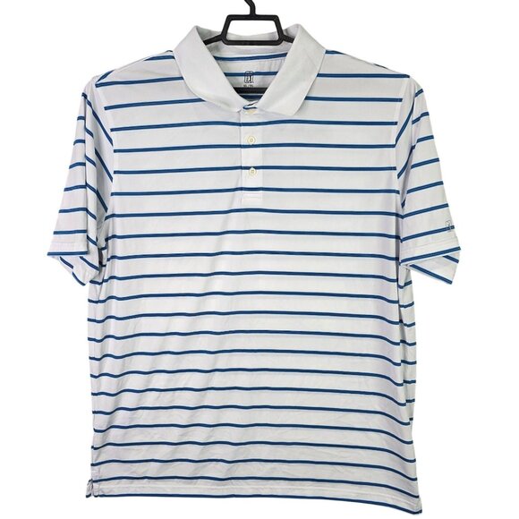 Mens PGA Tour White & Blue Striped Golf Polo Shirt Short Sleeve Polyester XL - Picture 1 of 8
